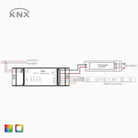 Technische Zeichnung vom KNX 4-Kanal Controller für RGBW und RGB LED Streifen