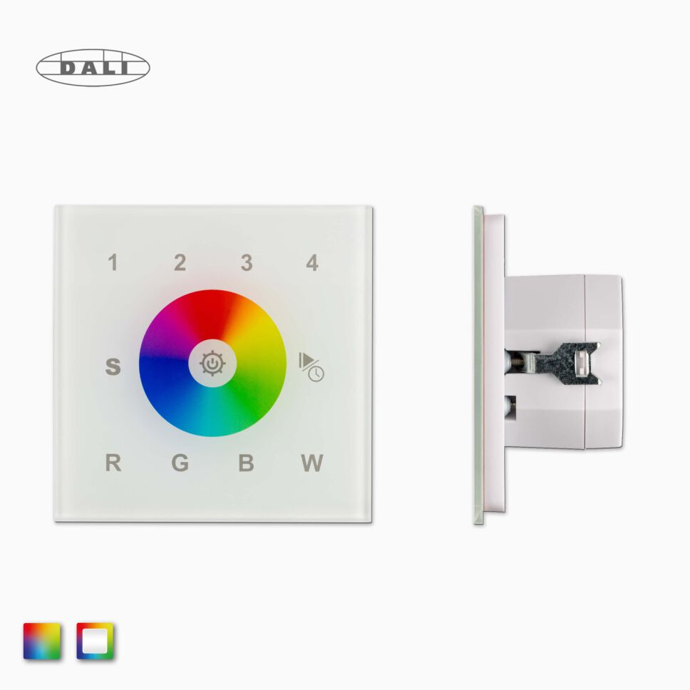 DALI DT8 RGBW LED Wandcontroller front und Seitenansicht, Produktbild