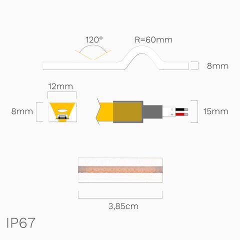 Rückseite und Querschnitt vom NEON UP LED Streifen warmweiß IP67. Illustration ist mit Bemaßung