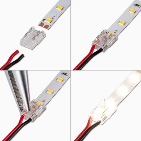 Montageanleitung, Verbindung LED zu Kabel zu LED für 8mm breiten LED Streifen