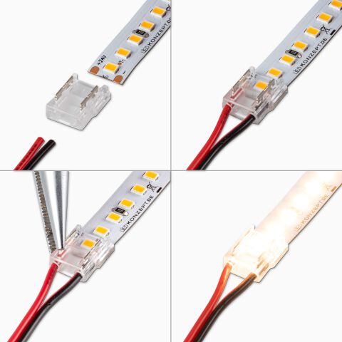Montageanleitung, Verbindung LED zu Kabel zu LED für 10mm breite LED Streifen