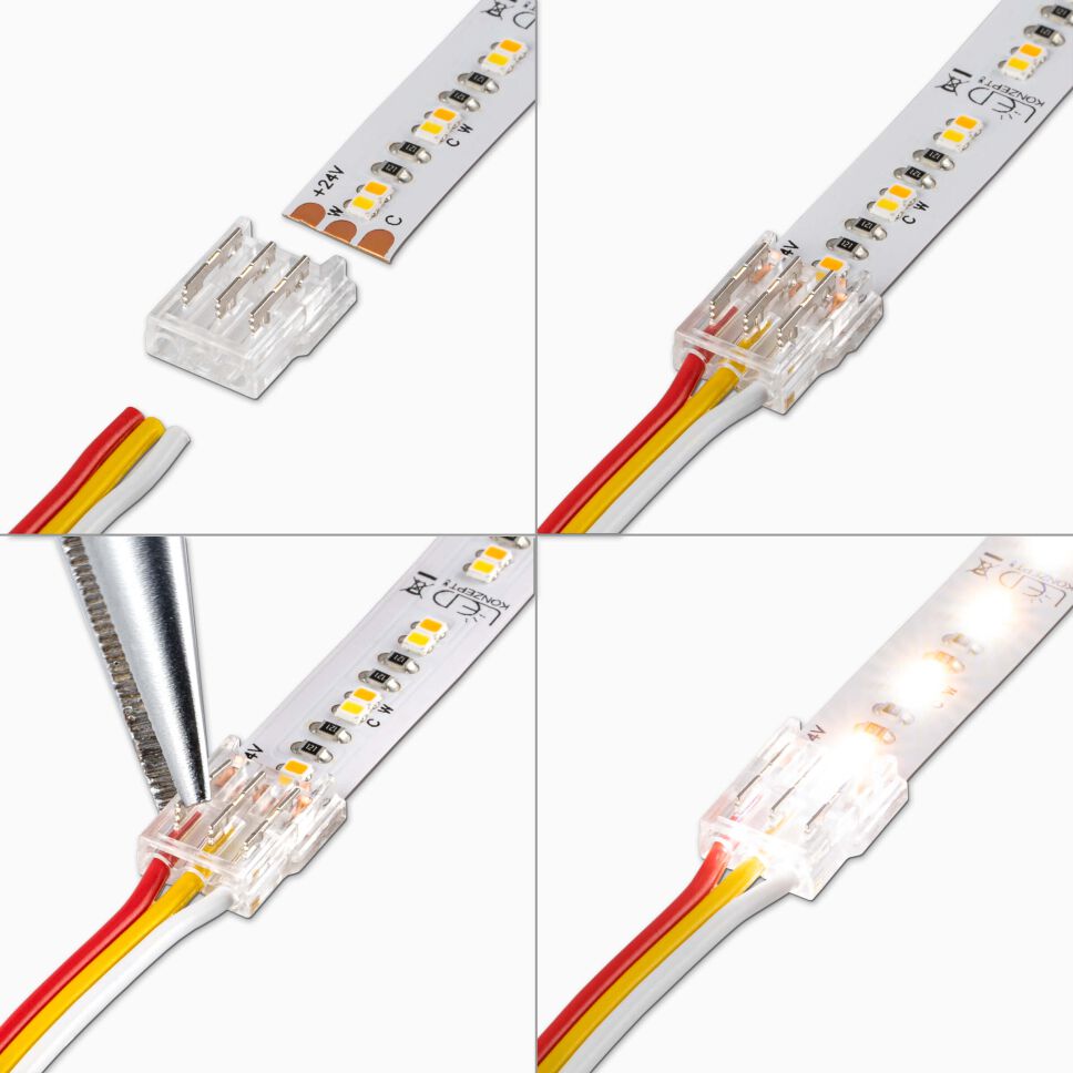 Montageanleitung, Verbindung CCT zu Kabel zu CCT für 10mm breite CCT LED Streifen