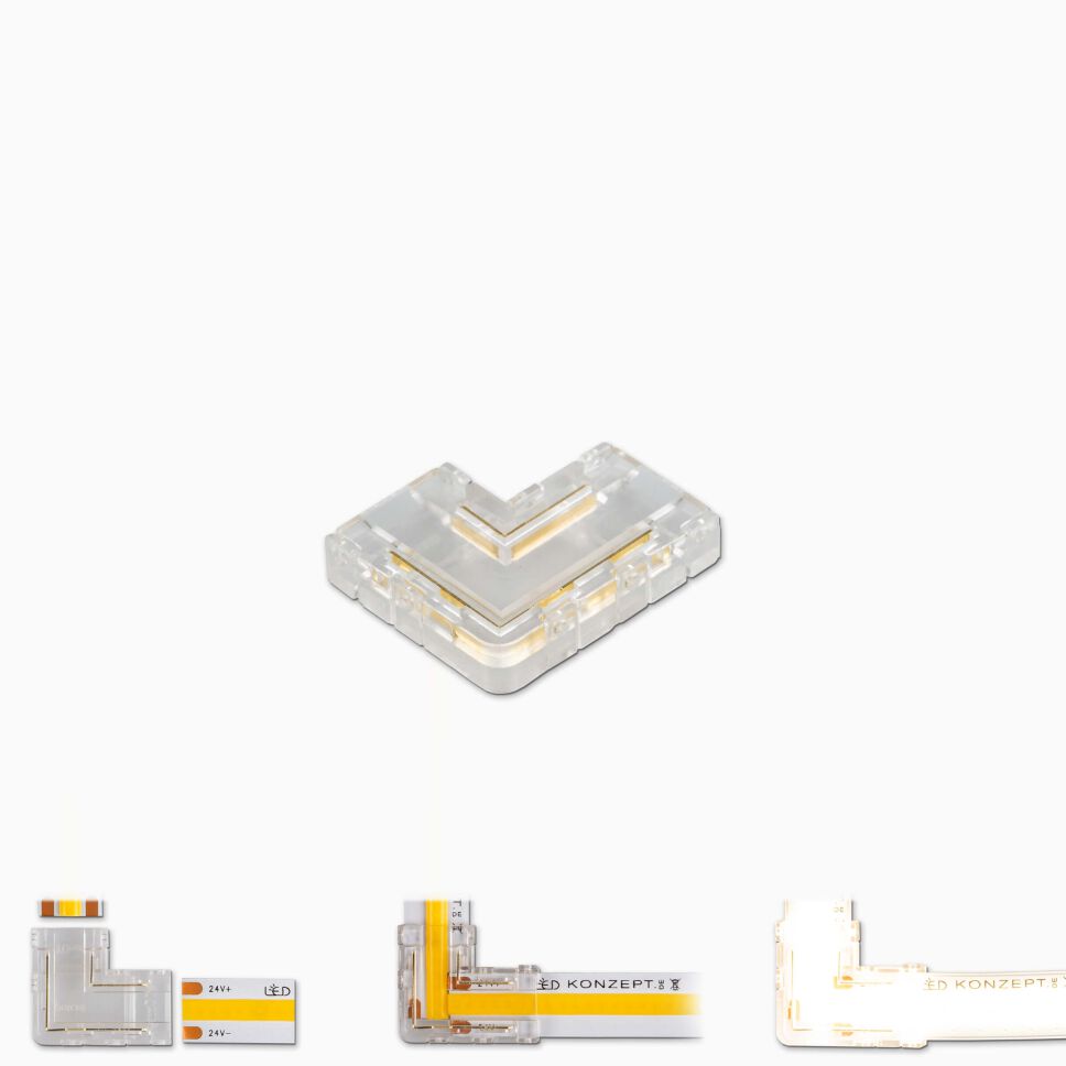 Eckverbinder für 10mm breite LED Streifen, Produktbild unten ist die Montageanleitung