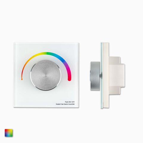RGB LED Wandcontroller in weiß mit Drehrad zur Steuerung von farbigen RGB LED Streifen, Front- und Seitenansicht