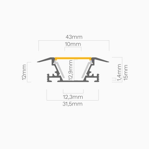 Querschnitt vom LED Alu Profil MOZEL mit Flügeln und COEX12 Abdeckung
