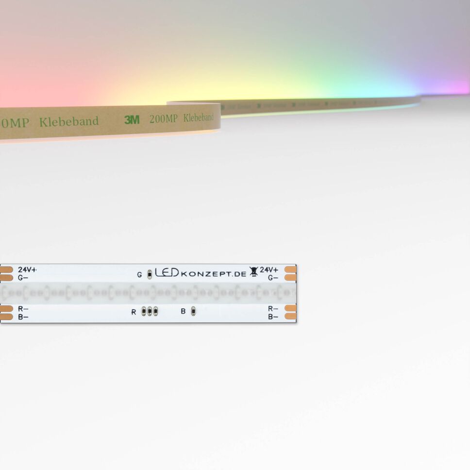 RGB COB LED Streifen mit 10mm Breite und 840 LEDs pro Meter. Produktbild des COB LED Streifens mit Buntlicht