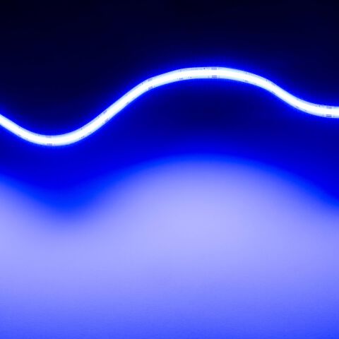 flexibler RGB COB LED Streifen blau leuchtend, nur der blaue Kanal ist eingeschaltet und leuchtet sehr satt und homogen