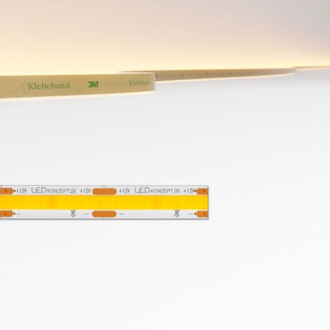 Produktbild vom COB LED Streifen 12V mit 2700K Farbtemperatur, oben ist der LED Streifen von hinten zu sehen.