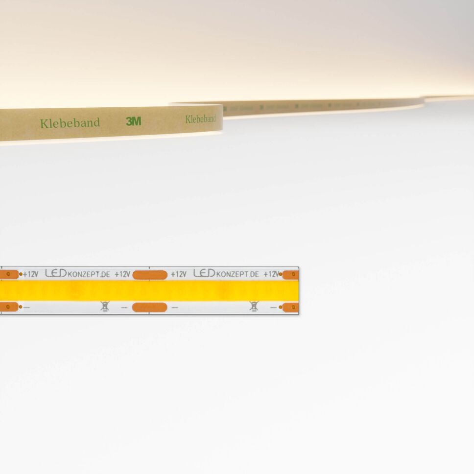 Produktbild vom COB LED Streifen 12V mit 3000K Farbtemperatur, flexibler Leiterplatte und rückseitig mit 3M Klebeband