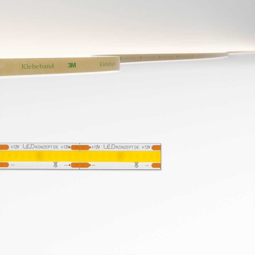 Produktbild vom COB LED Streifen 12V mit neutralweißer Lichtfarbe, flexibler Leiterplatte und rückseitig mit 3M Klebeband