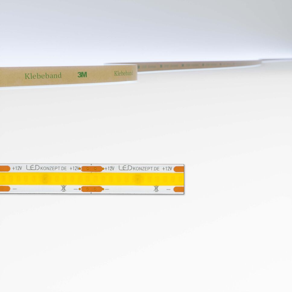 Produktbild vom COB LED Streifen 12V mit kaltweißer Lichtfarbe, flexibler Leiterplatte und 3M Klebeband