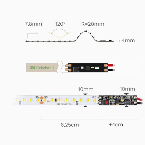 Technische Zeichnung mit Bemaßung vom neutralweißen LED Streifen mit Sensor Dimmer