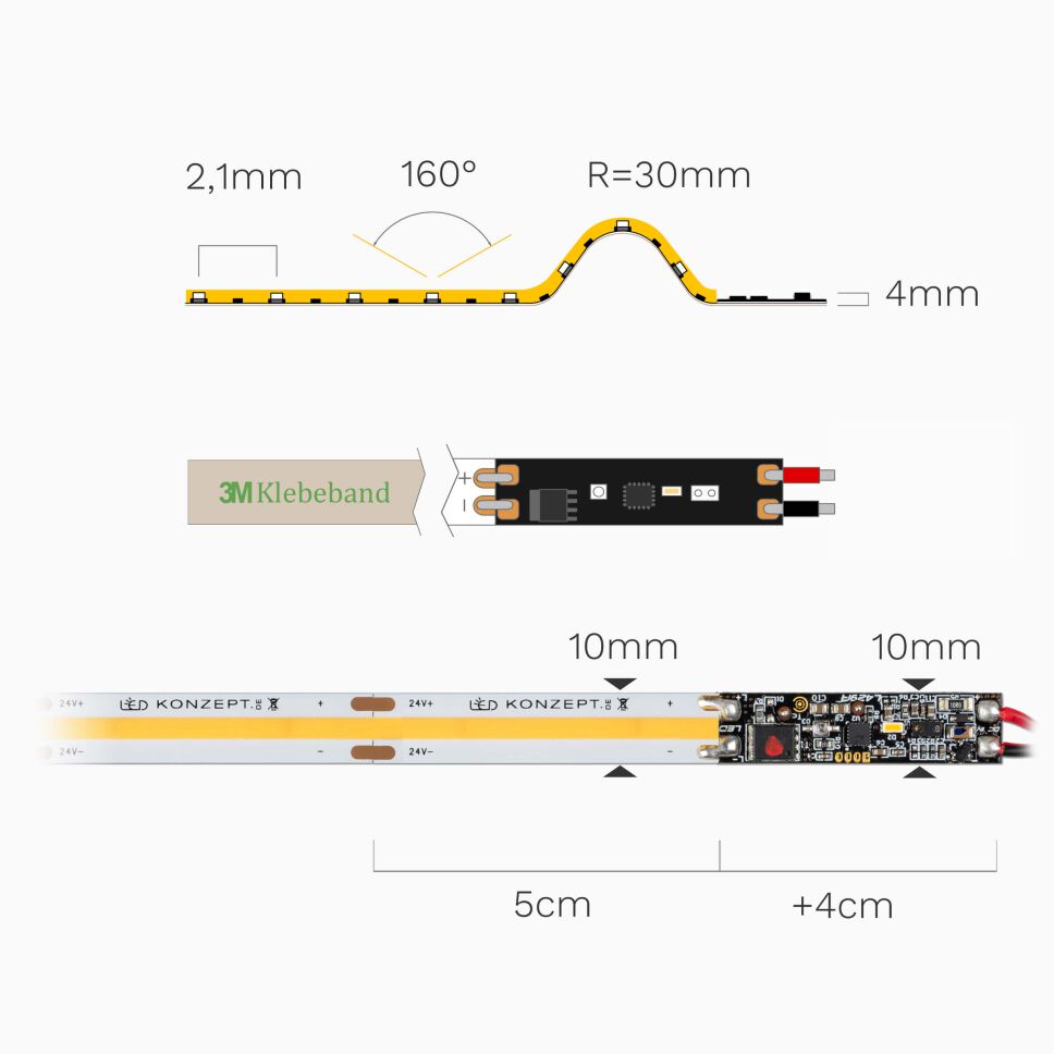 technische Zeichnung mit Bemaßung vom 3000K warmweißem COB LED Streifen mit vorinstalliertem Profil-Dimmer