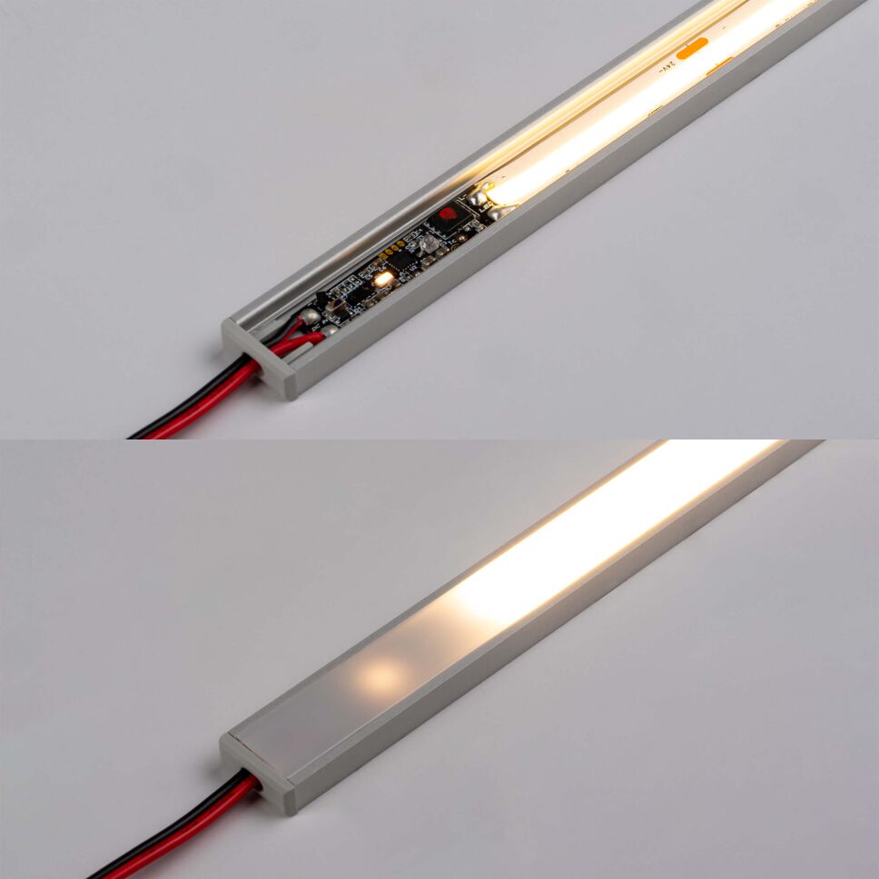 COB LED Streifen mit Profil Sensor Dimmer im LED Alu Profil SKP, mit und ohne Abdeckung im Vergleich