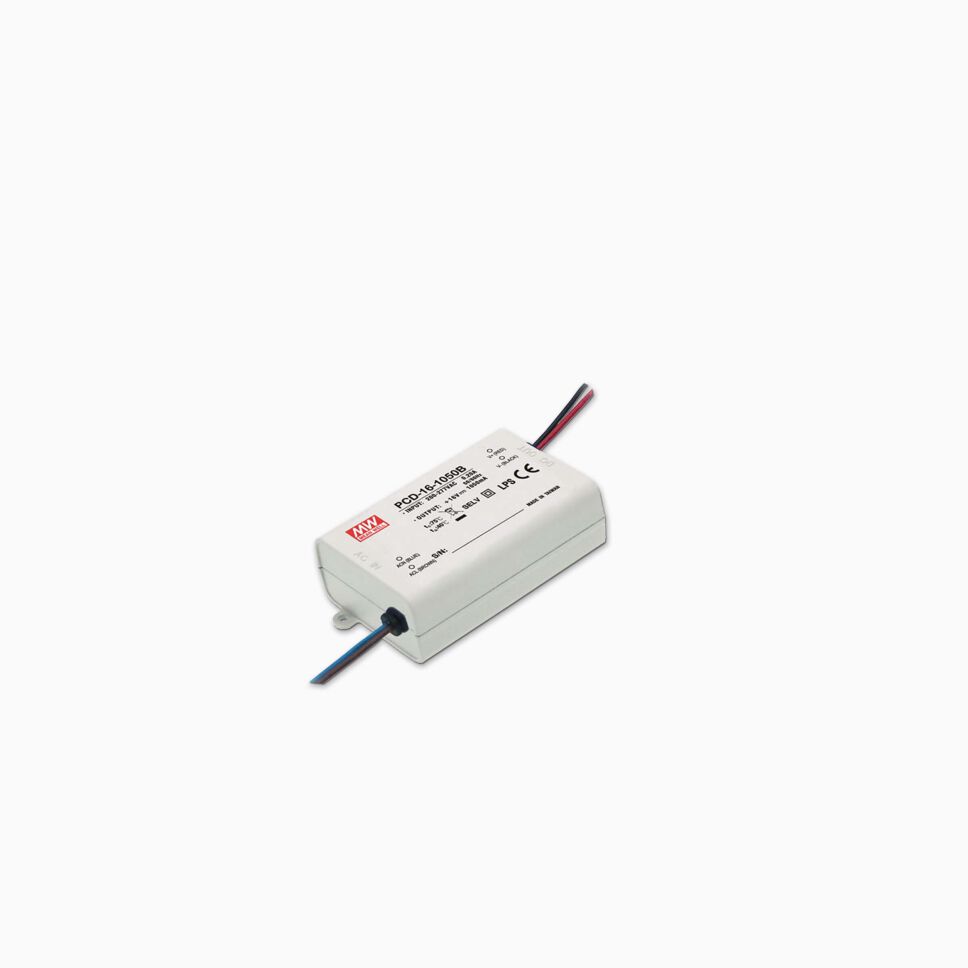 weißes LED Netzteil in Kunststoffgehäuse mit Zuleitungen und Konstantstrom, PCD-16-1050B von MeanWell