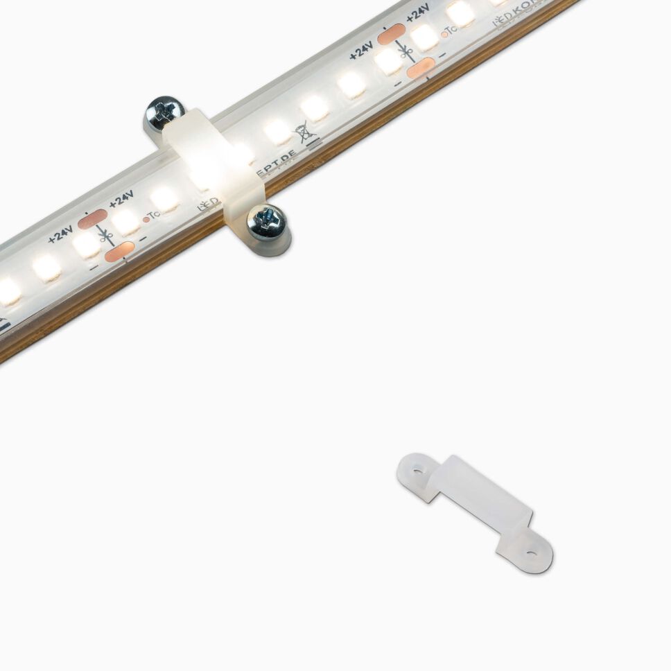 Montageclip aus Silikon, passend für den LED IP Schlauch IP66-10, rechts Produkt, links Anwendungsbeispiel mit Schlauch und LED Streifen