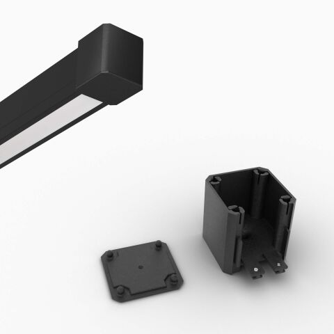 Produktbild vom Endstück AX1 Verbinder für LED Alu Profil APNT, rechts eigentliches Produktbild , links im Bild ein Anwendungsbeispiel mit LED Alu Profil APNT in schwarz