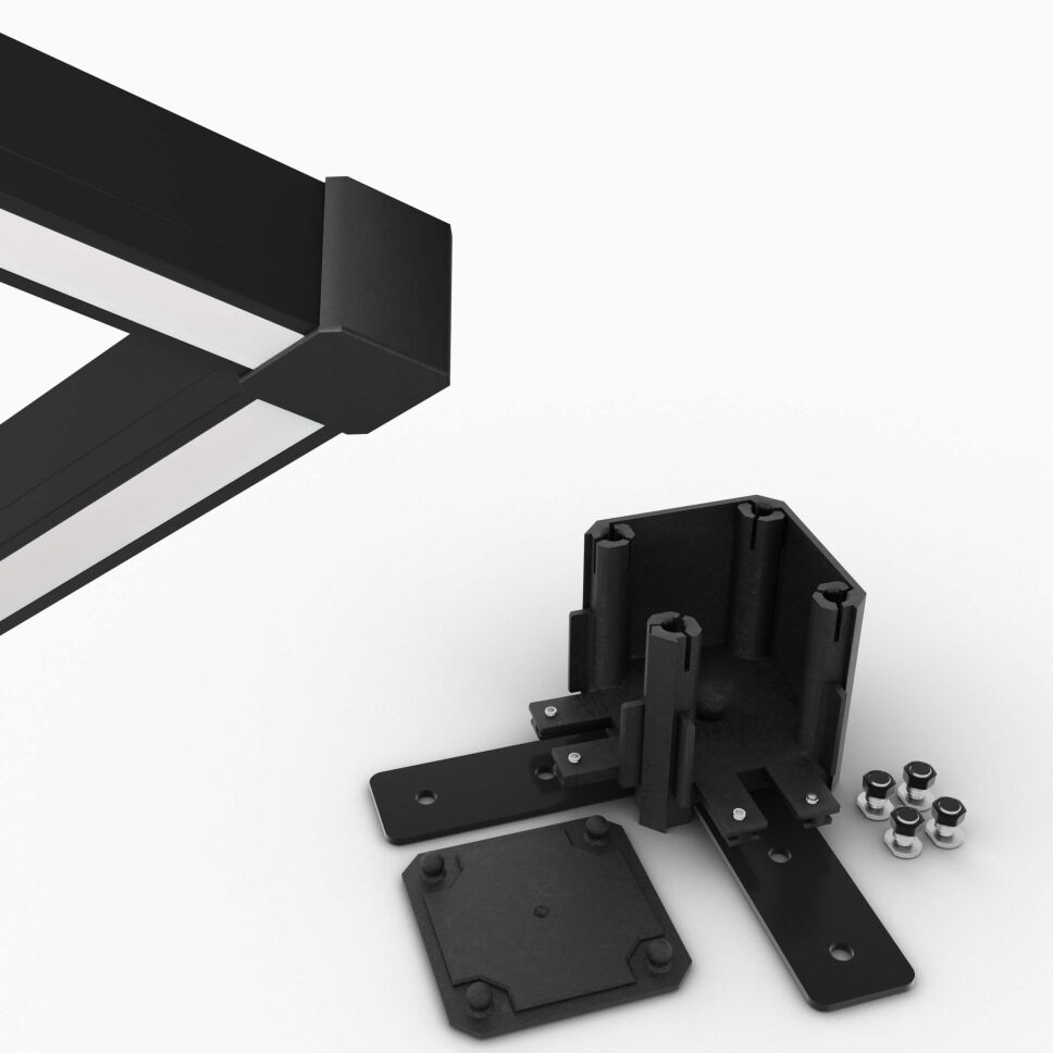 Produktbild vom Eckverbinder AX2 90 mit 90 Grad Winkel, passend für LED Alu Profil APNT in schwarz. AX2 90 Eckverbinder samt Lieferumfang (mit Flachverbinder, Schrauben, Muttern)
