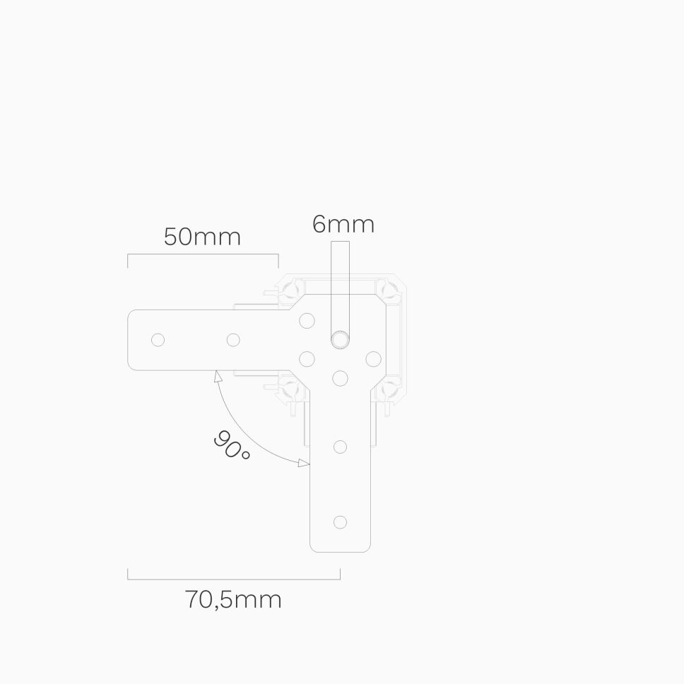 technische Zeichnung mit Bemaßung vom Flachverbinder vom AX2 90 Eckverbinder für das APNT Profil