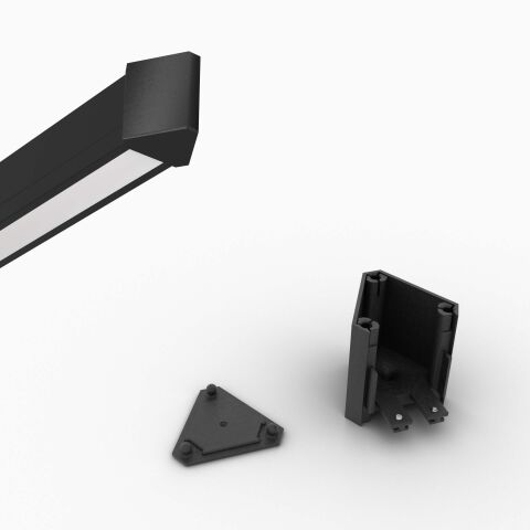Produktbild samt Anwendungsbeispiel vom AY1 Endstück-Verbinder für das LED Alu Profil APNT in schwarz