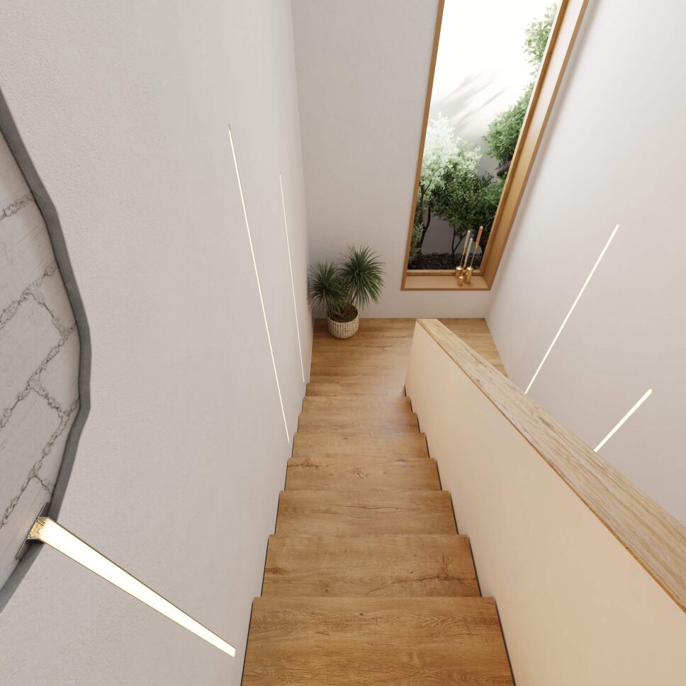 Anwendungsbeispiel vom LED Alu Profil GILA, eingelassen in eine Zwischendecke, lediglich illuminierte Abdeckung ist sichtbar