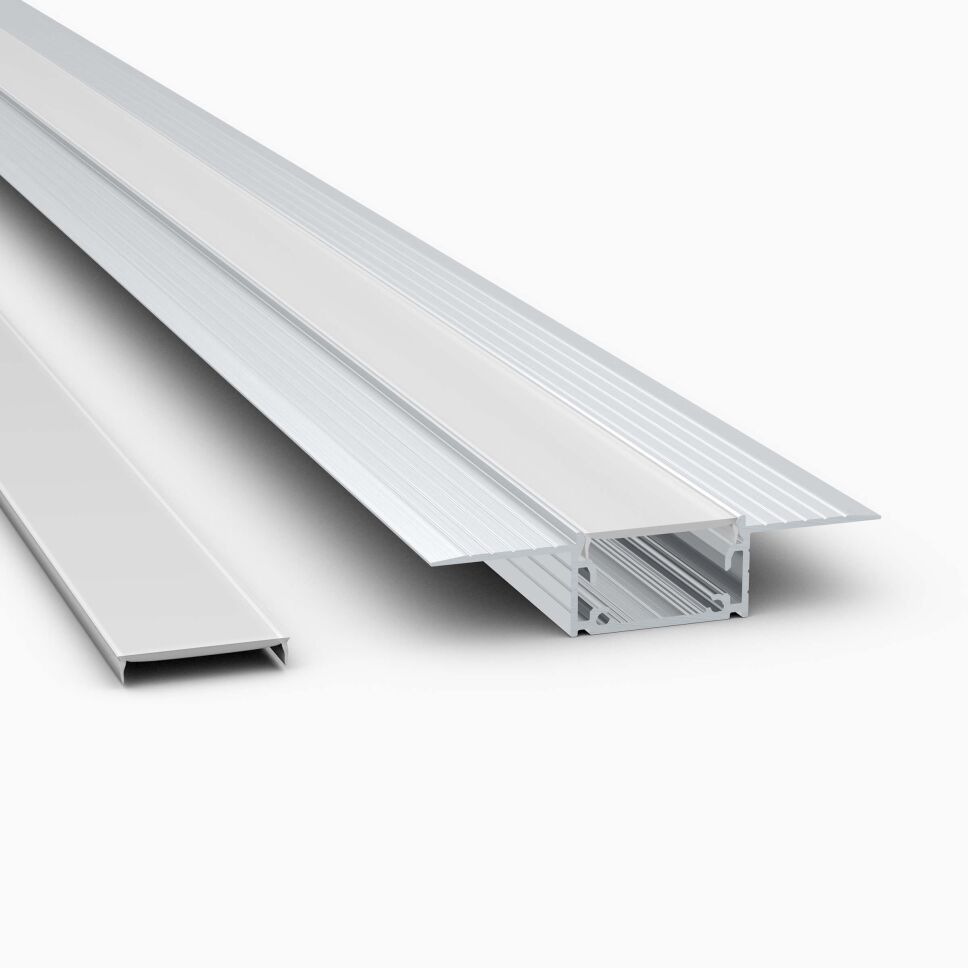 LED Alu Einlassprofil LIZUS für den Trockenbau, abgebildet mit matt opaler Abdeckung und Montageabdeckung