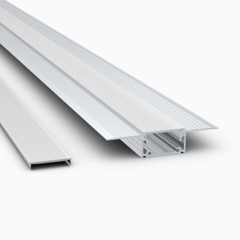 LED Alu Einlassprofil LIZUS für den Trockenbau, abgebildet mit matt opaler Abdeckung und Montageabdeckung