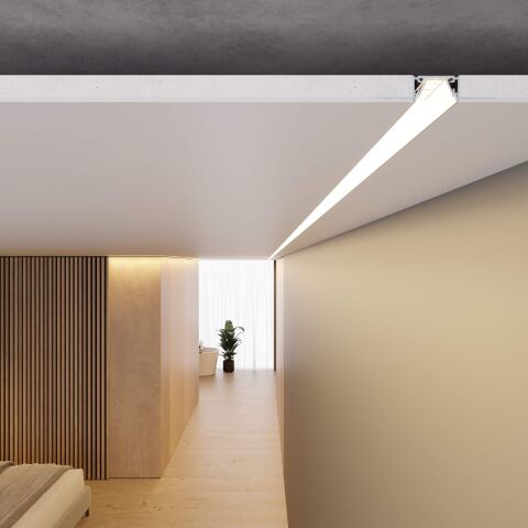 Anwendungsbeispiel vom LED Alu Profil LIZUS, eingelassen in Rigipsdecke, lediglich Abdeckug bleibt sichtbar