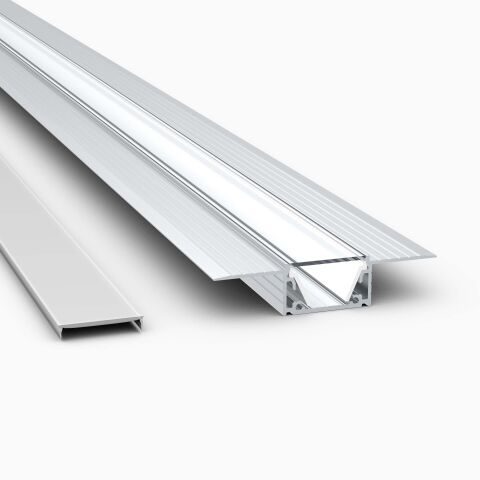 LED Alu Einlassprofil LIZUS für den Trockenbau mit effizienzoptimierter COEX12 Abdeckung in klarer Ausführung und mit Montageabdeckung