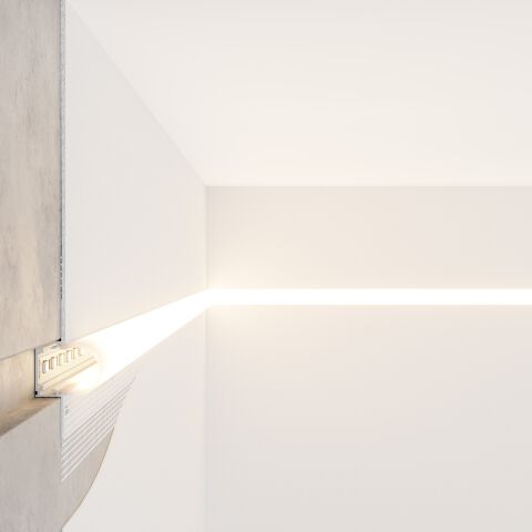 Anwendung, eingelassenes LIZUS-R Profil im Trockenbau in der Wand verputzt für eine minimalistische Beleuchtung