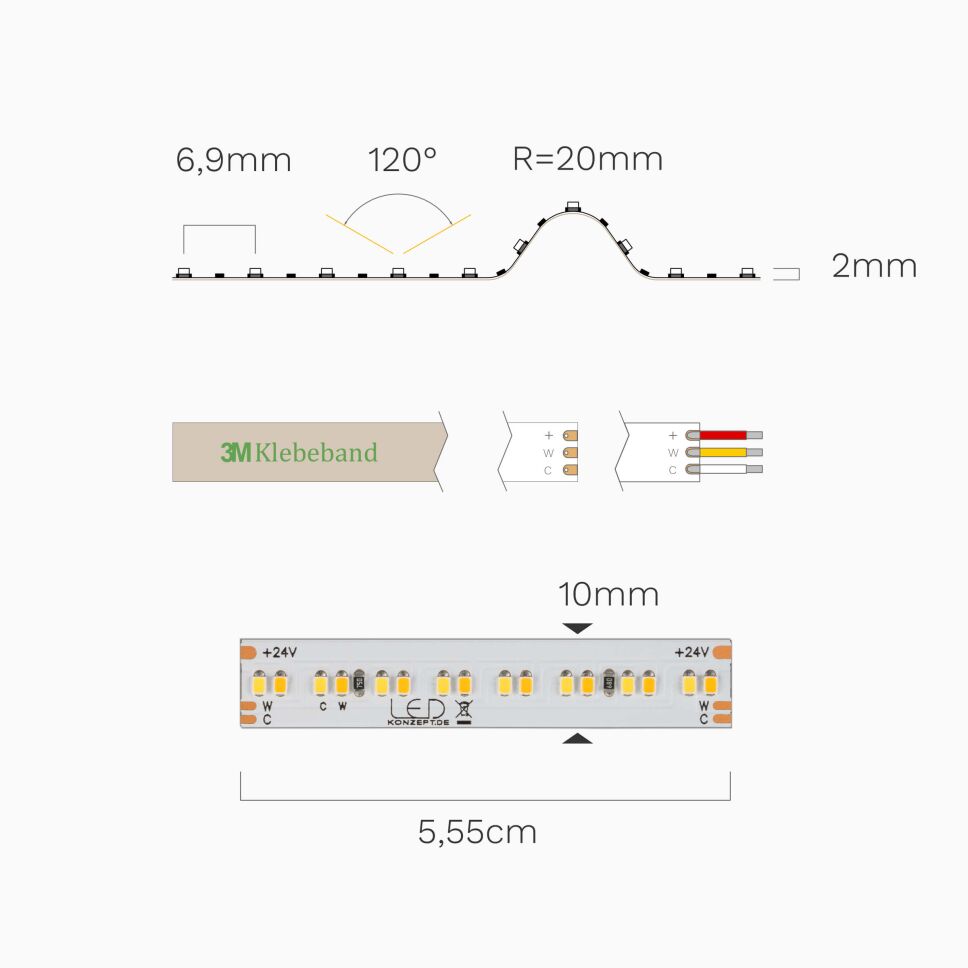 Technische mit Bemaßung vom CCT LED Streifens 12680 mit 26W/m und 288 LEDs/m