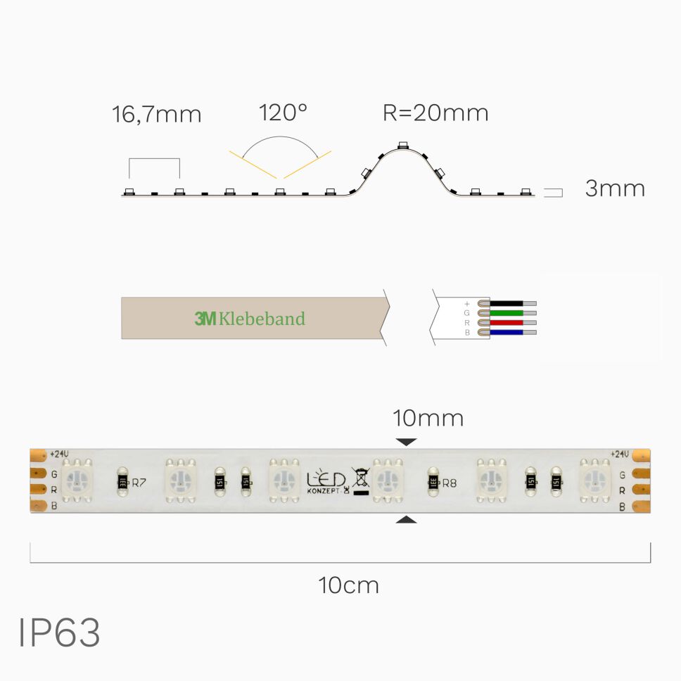 IP63 RGB LED Streifen in der Draufsicht und Seitenansicht. Technische Zeichnung ist mit Bemaßung