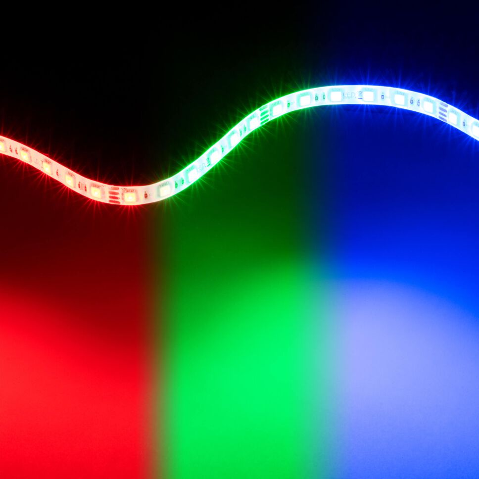 Kollage der drei Primär Leuchtfarben aus denen der RGB LED Streifen seine Farben generiert, rot, grün, blau
