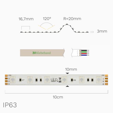 IP63 RGB LED Streifen in der Draufsicht und Seitenansicht. Technische Zeichnung ist mit Bemaßung