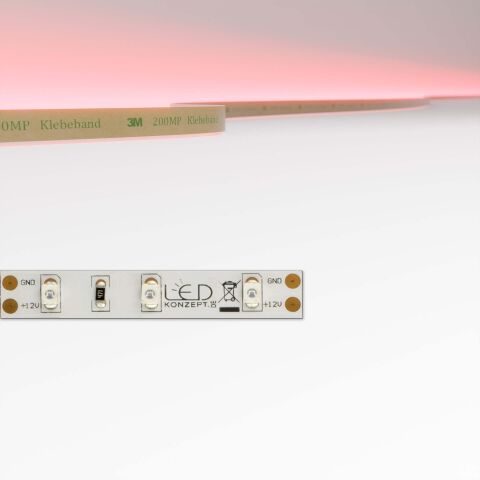 einfarbiger roter LED Streifen mit 12V DC, Produktbild und technische Zeichnung des LED Streifens samt angebotenen Anschlussarten.