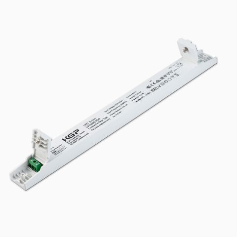 24V DC 150 Watt Netzteil mit schmaler Breite und MM Möbelzulassung. Das Produktbild zeigt das Netzteil mit offenen Zugentlastungen