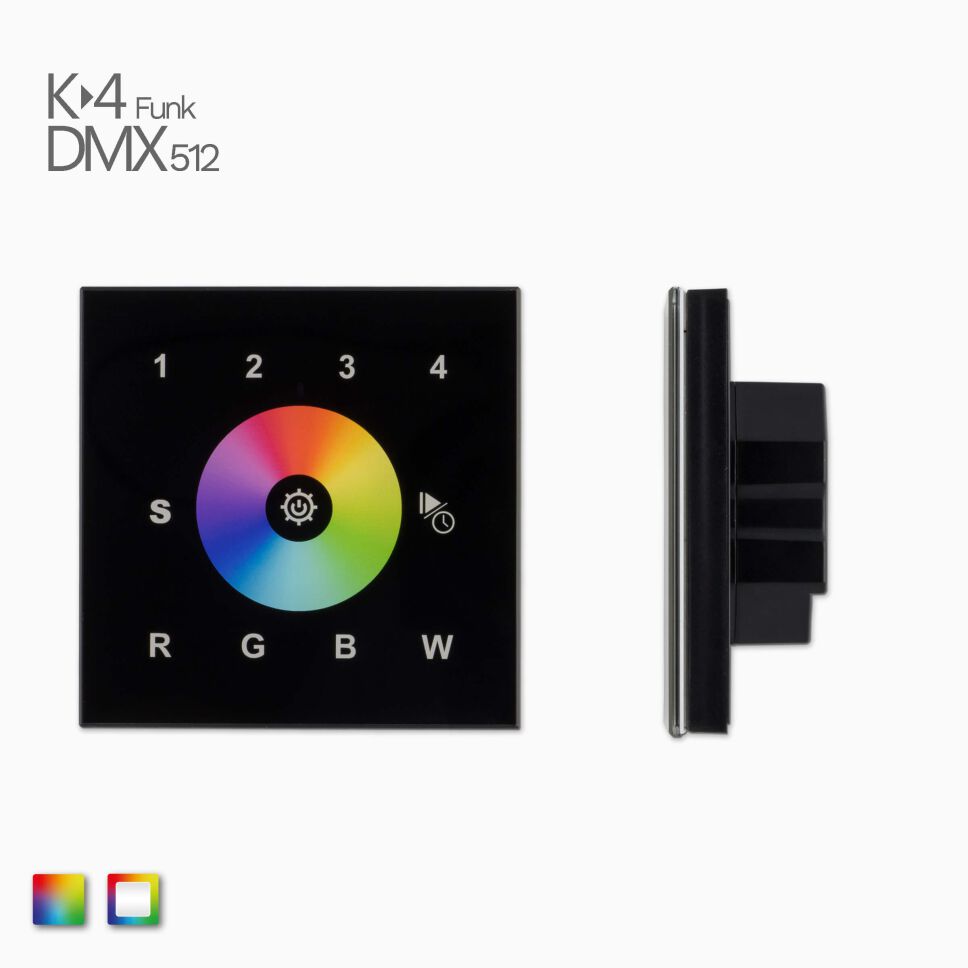 Front- und Seitenansicht vom DMX512 Funk RGBW-RGB Controller mit Glasfront und schwarzer Ausführung
