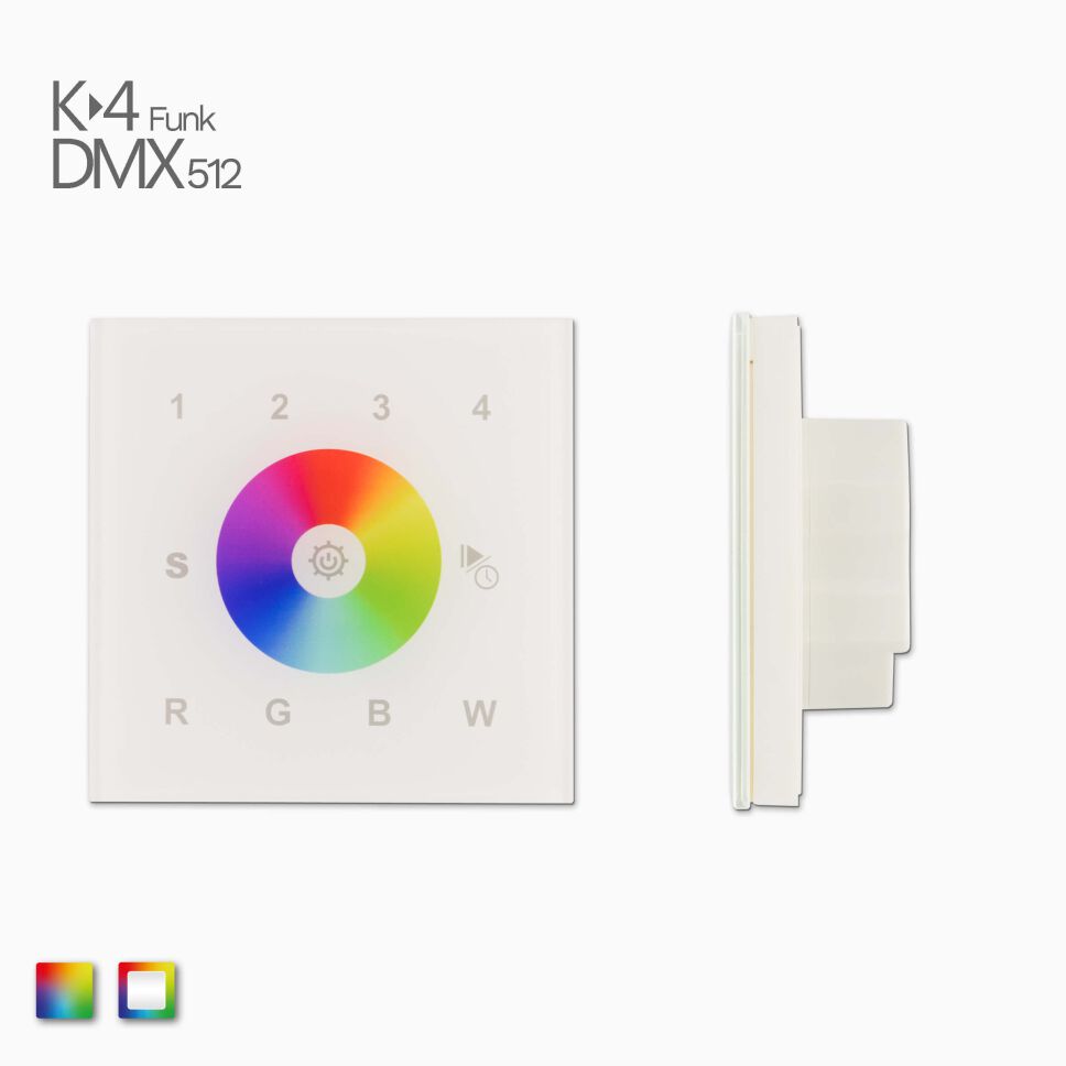 Front und Seite vom DMX Funk RGBW-RGB Controller mit weißer Glasoberfläche