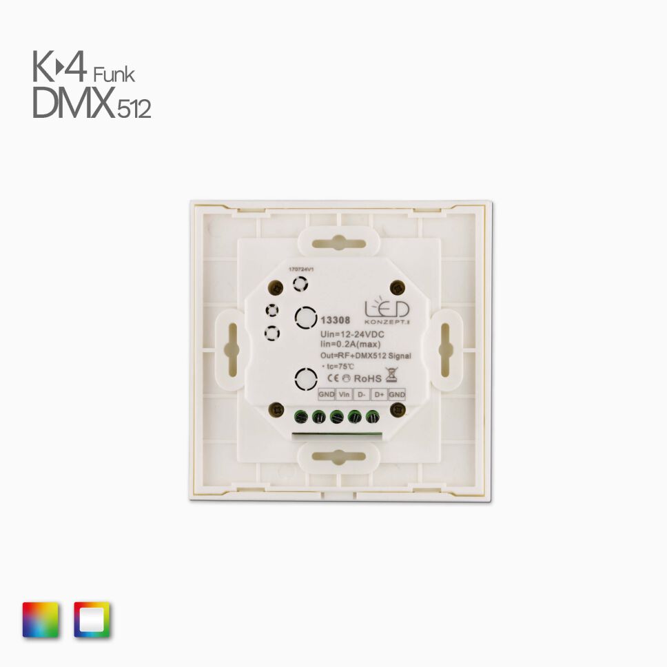 Rückseite mit Anschlüssen vom DMX Funk RGBW-RGB Controller mit weißer Glasoberfläche