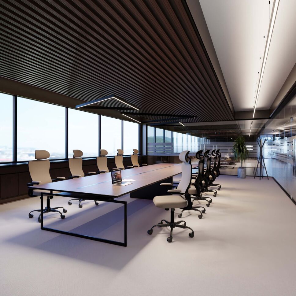 Anwendungsbeispiel LED Alu Profil DEEPLINE L als abgehängtes Lineares Licht und einzelne Pendelleuchte