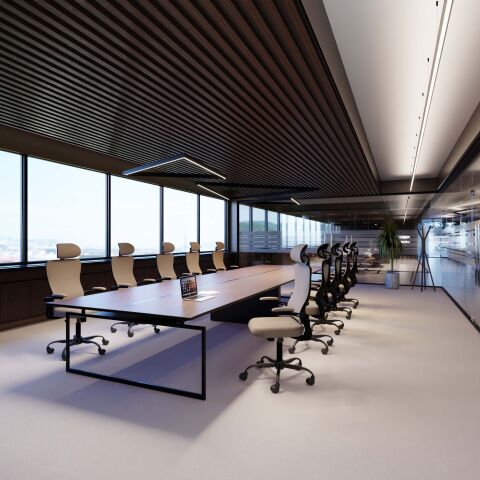 Anwendungsbeispiel LED Alu Profil DEEPLINE L als abgehängtes Lineares Licht und einzelne Pendelleuchte