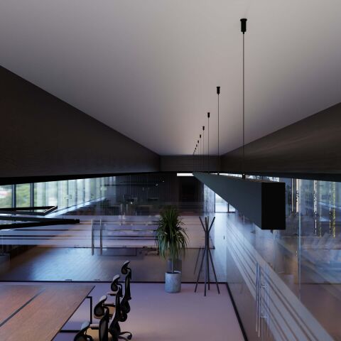 Anwendungsbeispiel vom LED Alu Profil DEEPLINE L als lineare abgehangene Hängeleuchte