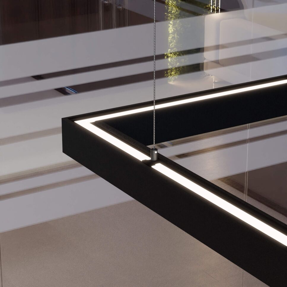 Nahaufnahme vom LED Alu Profil DEEPLINE M, abgehängt mit indirekter Beleuchtung zur zur Decke