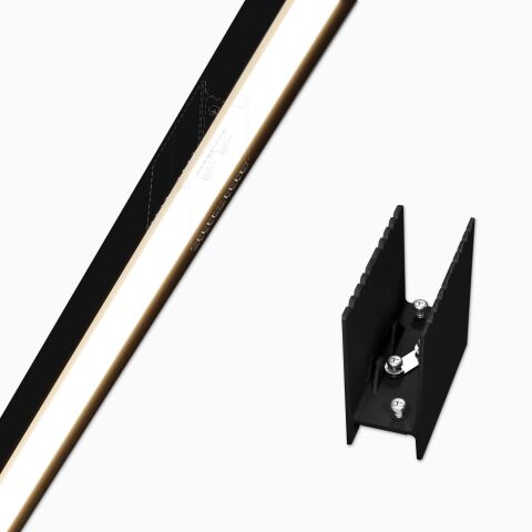 180° Verbinder für LED Alu Profil DEEPLINE L, rechts Produktbild, links Anwendungsbeispiel vom leuchtenden Profil DEEPLINE L in schwarz