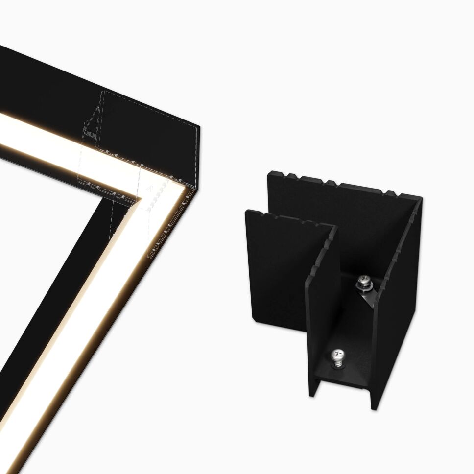 Eckverbinder 90° für das LED Alu Profil DEEPLINE L, rechts Produktbild vom Verbinder, links Anwendungsbeispiel 90° Ecke mit Profil DEEPLINE L