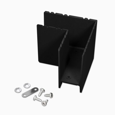 Lieferumfang vom 90° Eck-Verbinder für das Profil DEEPLINE L, inkl. Schrauben, Zugentlastung und Federscheiben