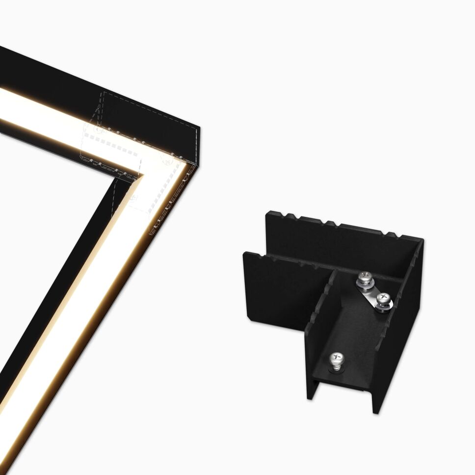Eckverbinder 90° für das LED Alu Profil DEEPLINE M, rechts Produktbild vom Verbinder, links Anwendungsbeispiel 90° Ecke mit Profil DEEPLINE M