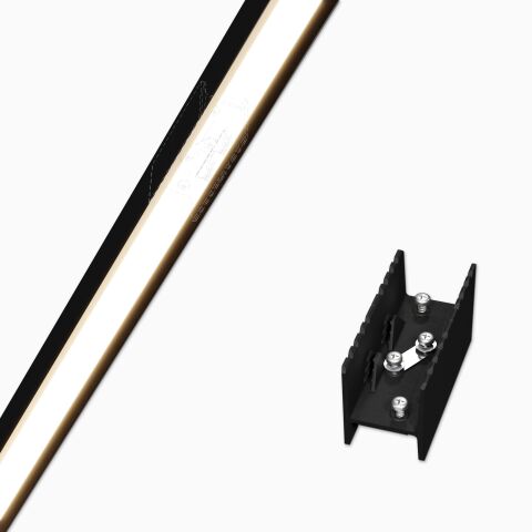 180° Verbinder für das kompaktere LED Alu Profil DEEPLINE M, rechts Produktbild, links Anwendungsbeispiel vom leuchtenden Profil DEEPLINE M in schwarz