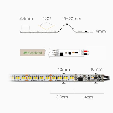 Technische Abbildung des CCT LED Streifens 12910 mit Profil-Dimmer. Der CCT LED Streifen und Dimmer sind bemaßt
