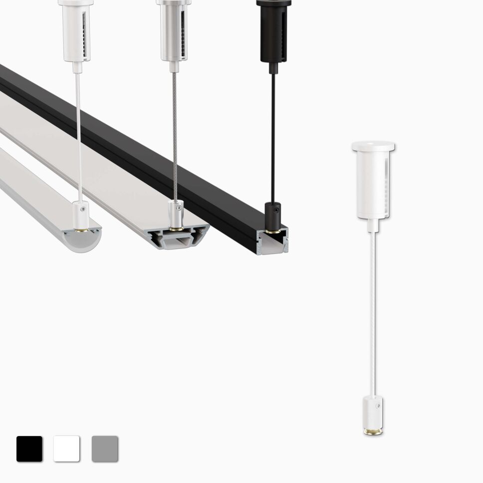 Produktbild von der Seilabhängung SA 127, rechts Produktbild, links Anwendungsbeispiel an unterschiedlichen Profilen